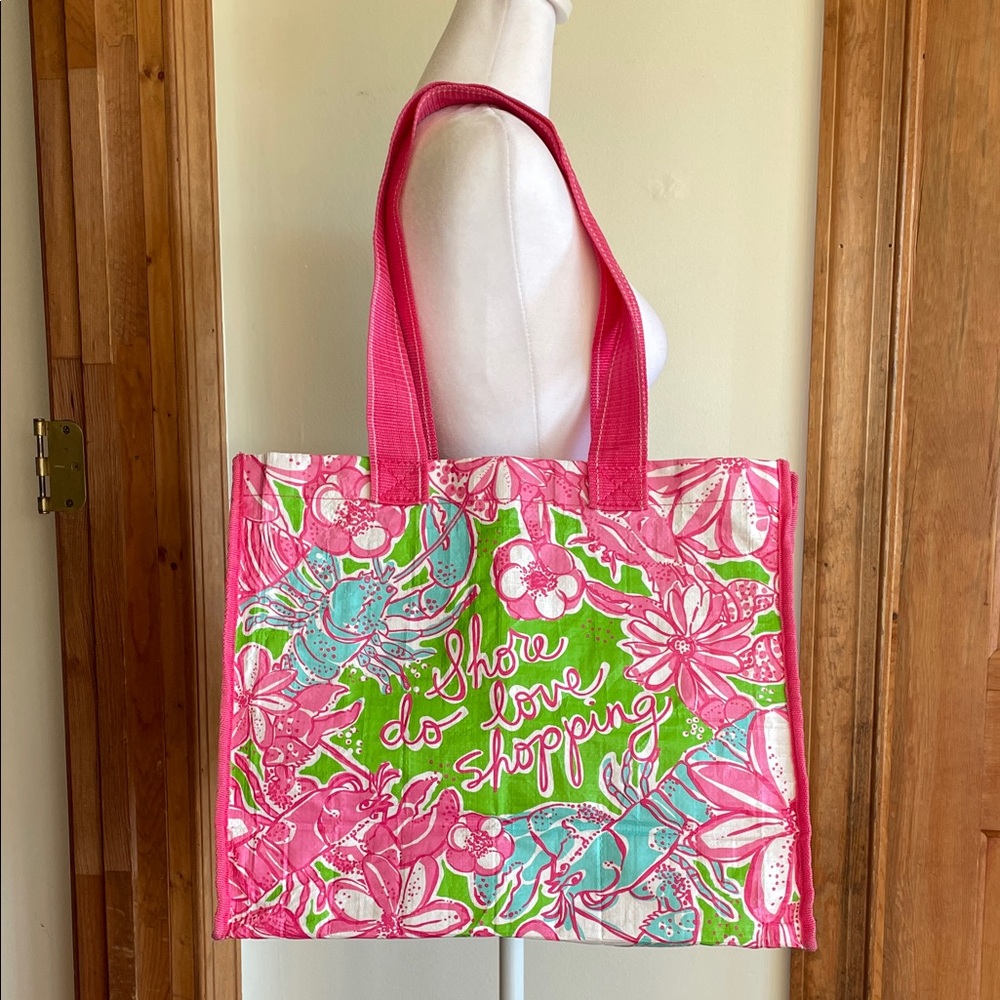 LILLY PULITZER Shore do love shopping Pink and Green Floral Market Eco Tote - Picture 2 of 16
